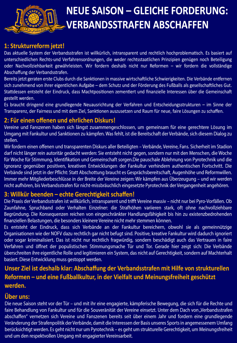 NEUE SAISON - GLEICHE FORDERUNG